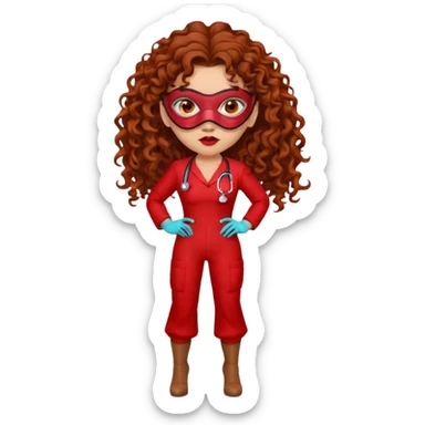 Sensual Spanish Lilith core evil surgeon.red outfit.  Surgeon has hazel eyes. Her hair is BROWN. Hair is also  long and  curly. wearing a sexy surgeon outfit with platform  heels.she is a calculated killer. She covers only her mouth and nose with mask to hide identity sticker