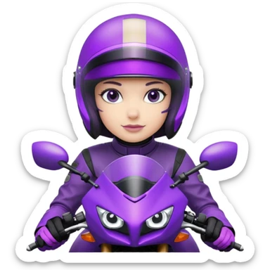 Créer un emoji avec une moto mt07 sport noir mate / violet iridescent très foncé. Avec une pilote dessus visière violet sombre faceless, bulle de la moto violet. Avec fond arrière violet, tenue complète casque inclus violet  sticker