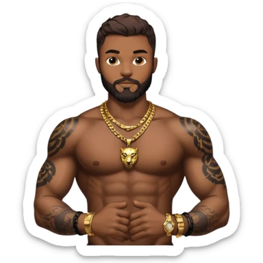a muscular man with a brown beard and hair with a tattoo on his chest of a black panther in the same style as Conor McGregor, with gold bracelets, and a gold Cuban chain with a pendant sticker