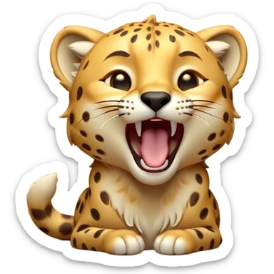 Cinematic Cute Yawning Cheetah Portrait Emoji, Head tilted slightly with a dramatic, wide-open yawn, showcasing a soft, sleek golden Fur with distinctive spots and floppy ears slightly drooping, round amber eyes barely open in drowsy contentment, Simplified yet irresistibly adorable features, highly detailed, glowing with a soft, cozy glow, high shine, relaxed yet expressive, stylized with a touch of savannah whimsy, bright and endearing, soft glowing outline, capturing the essence of a sleepy yet affectionate cheetah, so drowsy it feels like it could stretch right out of the screen and curl up for a nap! sticker