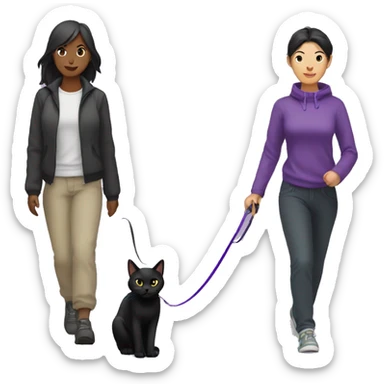 Black cat with a purple leash going for a walk with an Asian female  sticker