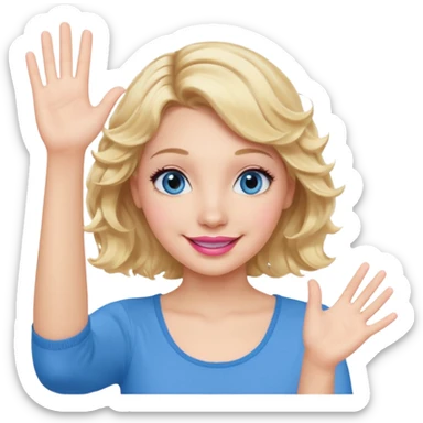 Girl Blonde short wavy hair,  blue eyes, cute blue top, long lashes, pink lips, smiling, waving hello  sticker