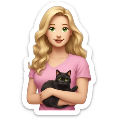 woman with green eyes and long wavy blonde hair in a pink shirt is holding a very fluffy and fat black and tortoiseshell cat sticker