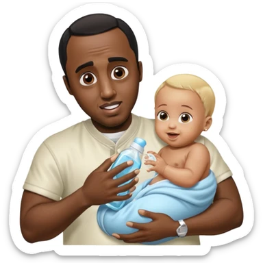 Sean “Diddy” Combs with baby oil and a very small infant and he’s pouring the baby oil on the baby and they have a scared face they’re really scared while diddy is happy sticker