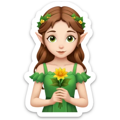 brown haired girl elf in green with a flower sticker