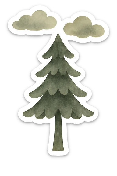 illustration of a simple single evergreen tree with clouds, blending Scandinavian and Slavic folk motifs, dark neutral forest color tones, watercolor texture with outlines, suitable for favicon sticker