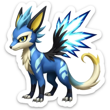 Feral Scaly Striking Slaying Badass Evil Handsome Lightning-patterned Zig-zagged buzzy fuzzy Meloetta-Renamon-Zeraora-Luxray-Cobalion-Absol-Vernid-fusion-hybrid-creature, full body  sticker