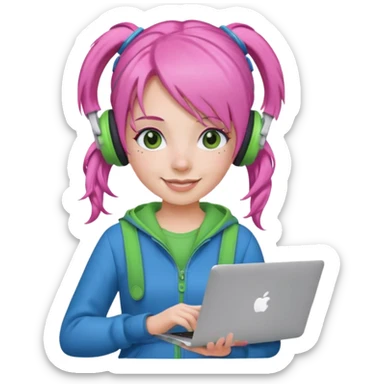 Create an emoji of a woman with pink hair tied into two pigtails. She is a game streamer, wearing green headphones, holding a MacBook, and dressed in a blue outfit. sticker