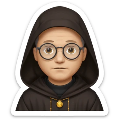 Monk priest prayer black habit with hood round black glasses done light brown wavy hair under hood remove the medallion smaller more round glassed age 46  sticker