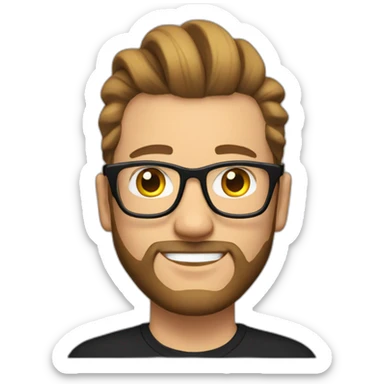 White Man with clear glasses brown hair and a black tshirt and a man bun and beard sticker