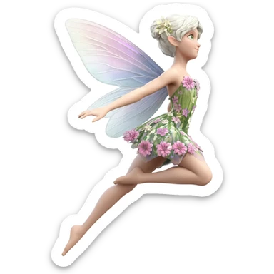 A winged flower fairy white skin girl, wearing a short skirt, one leg straight and the other bent, her body tilted, in a flying pose. sticker