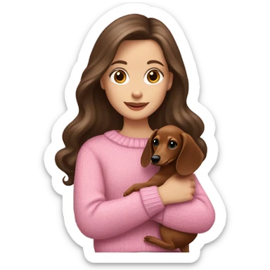 Brunette white girl with long hair in a pink sweater holds a dachshund long haired puppy in her arms sticker