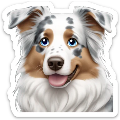 woman with blue eyes and long straight blonde hair and big boobs is holding a very fluffy blue eyes, blue merle australian shepherd  sticker