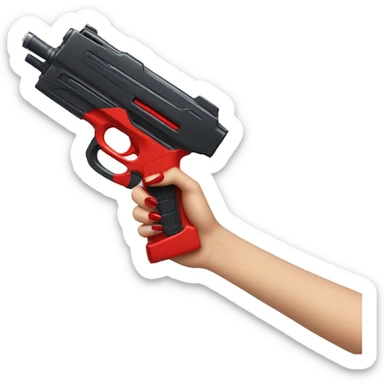 white hand with red nails holding large scary dark nerf gun sticker
