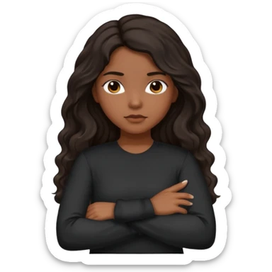 Hispanic girl dark long wavy hair crossing her arms with slight pout black long sleeve shirt sticker