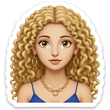 attractive Greek woman with long curly hair and light skin wearing gold hoop earrings and a small gold necklace sticker
