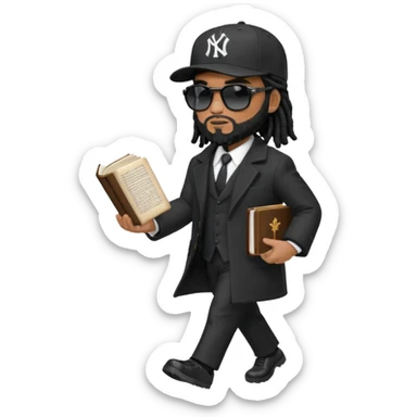 African American man with shoulder length black dreadlocks with black beard wearing black sunglasses wearing a black bubble winter coat wearing a black New York Yankees logo baseball cap wearing a suit and tie walking with a Bible in hand sticker