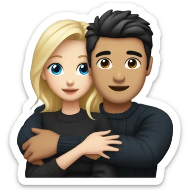 Blonde girl with blue eyes in black sweater and an east asian man with black hair and black eyes hugging sticker