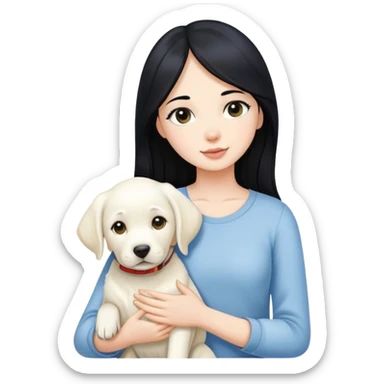 A beautiful girl with long black hair and fair skin is holding a white Labrador sticker