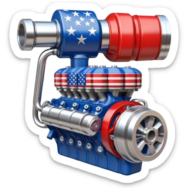Flexed muscular arm fist holding a V8 engine,  American flag stripe pattern in background,  bold red white and blue, raw mechanical power,  chrome pistons visible sticker