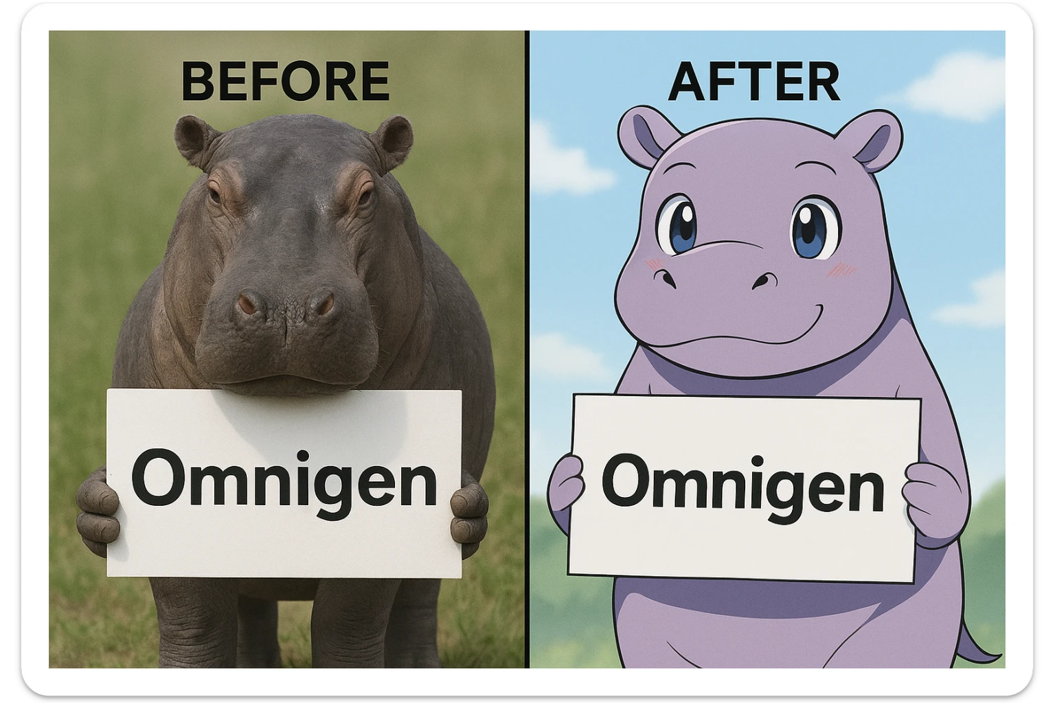 two hippo holding sign of omnigen, half picture 1 hippo is realistic another half is the anime of that same second hippo, with before after mark sticker