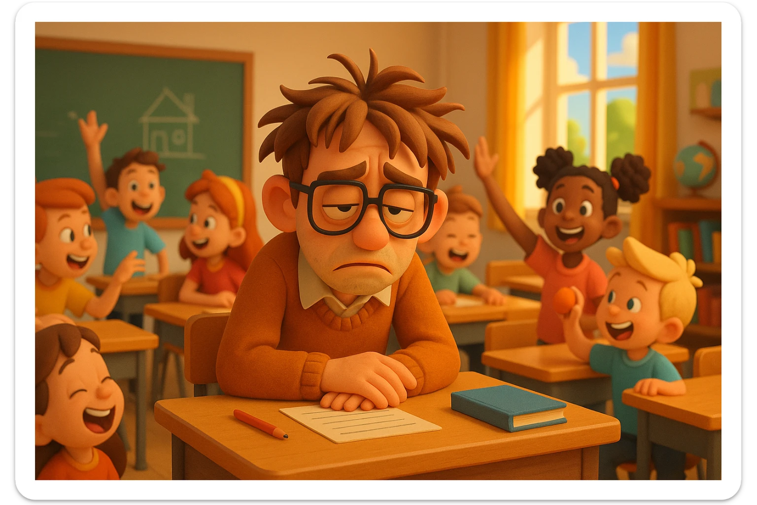 3d cartoon art of a exhausted teacher in a bustling classroom sticker