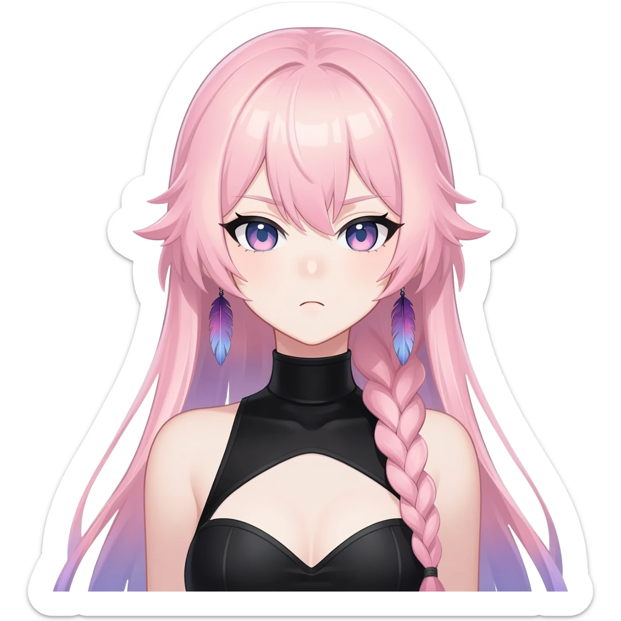 Citlali from Genshin Impact; Gorgeous beautiful pretty grumpy anime lady long-pale-whitish-pastel-pink-hair with one braid on each side, hanging gradient-purple-pink feather-ear-cuffs on each side in hair, black bodysuit covering neck, blue eyes, pink iris, ethereal, fashion aesthetic  sticker