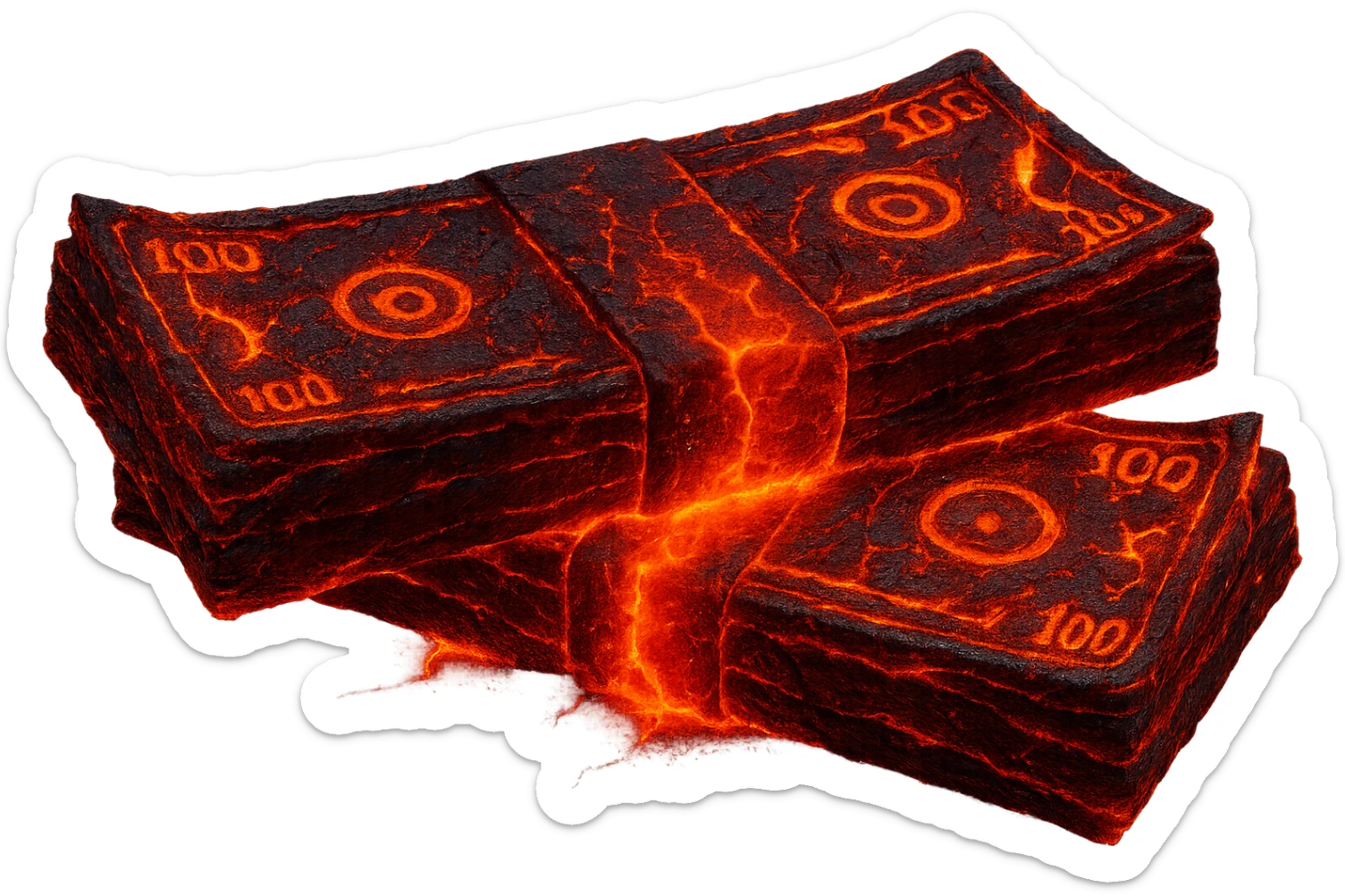 Transform the stack of money into lava money: make the bills appear to be melting and turning into glowing, molten lava with realistic textures and dramatic lighting. Keep the background transparent. The style should reflect a realistic molten lava effect with glowing and melting details. sticker
