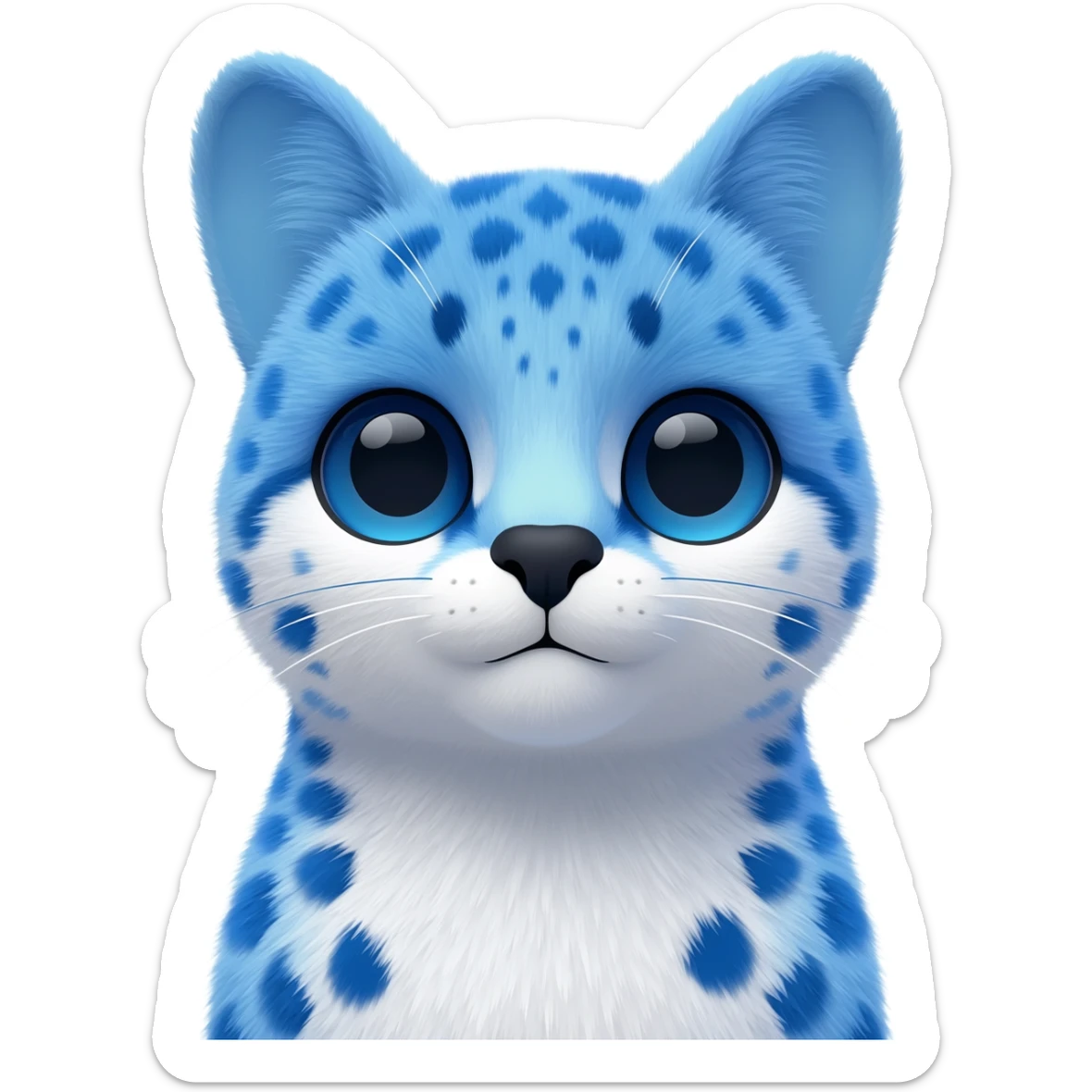 Cute, realistic, furry, big-eyed Cobalt-blue, sapphire-blue-spotted, white-bellied, exotic Serval-sergal-Trico-fusion-animal-hybrid, with a gradient sky-blue fur coat sticker