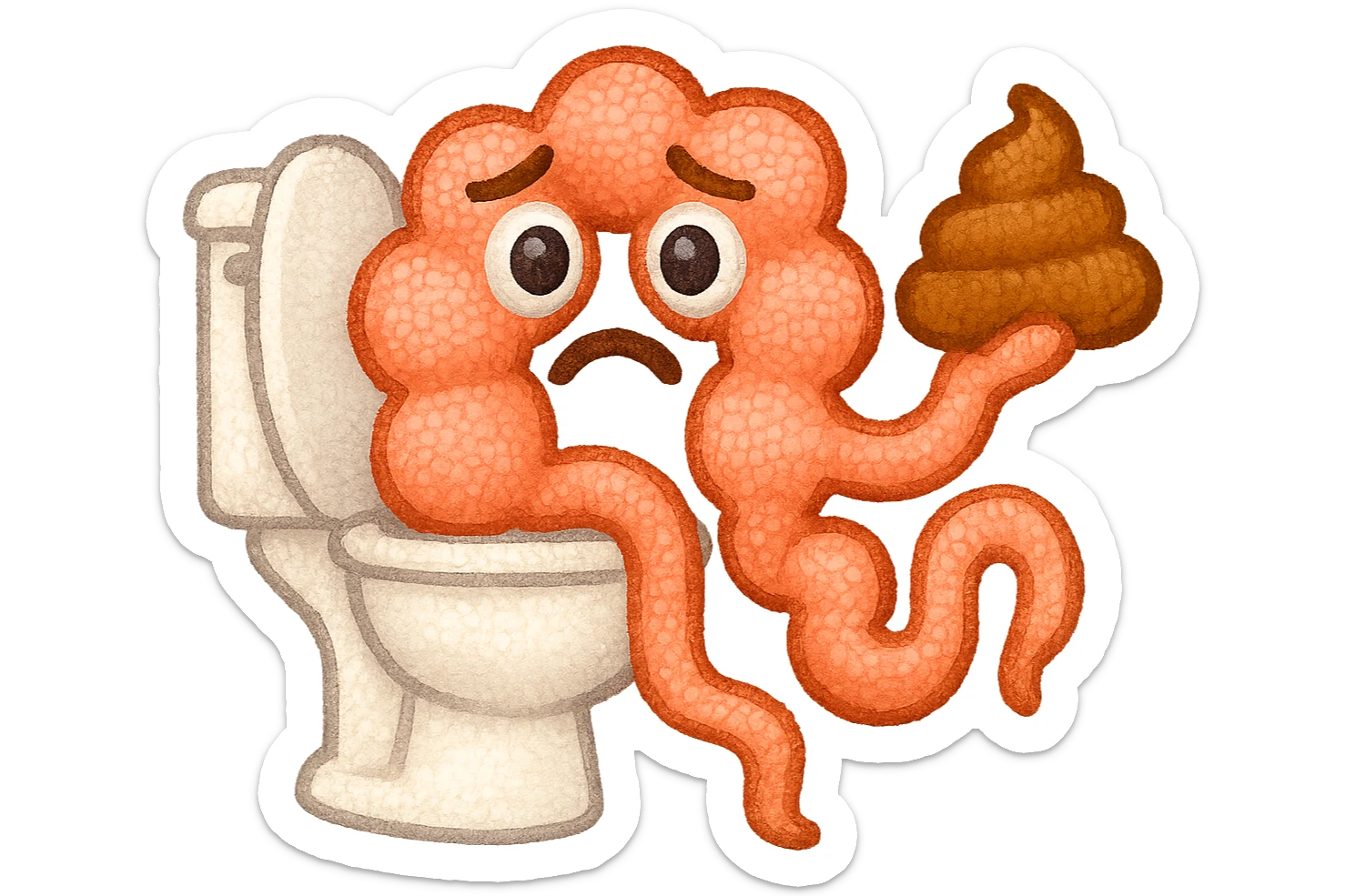 emoji stile iphone di un intestino che esce dal wc con in mano una montagnetta di feci con espressione triste a palline sticker