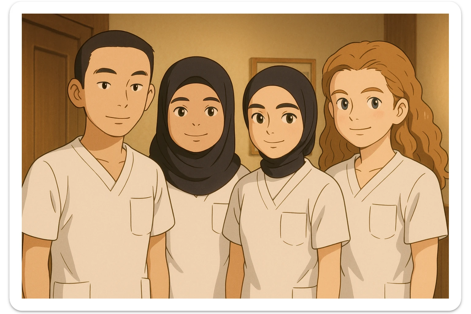 Variante 2 : Quatre étudiants infirmiers côte à côte, ambiance chaleureuse, en intérieur, style Ghibli, tenues uniformes blanches à manches courtes sans col, sans sous-pull ni stéthoscopes. Hauts de type tunique médicale, col en V, poche poitrine côté gauche. Visages et attitudes inspirés des quatre photos jointes, composition différente. sticker