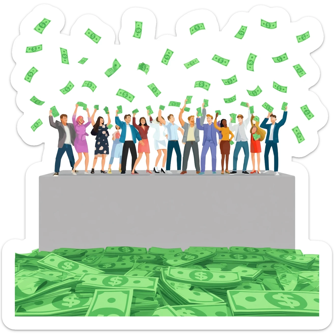 patrons shake stacks of dollar bills from on high, letting the green paper fall in the air to the floor below sticker