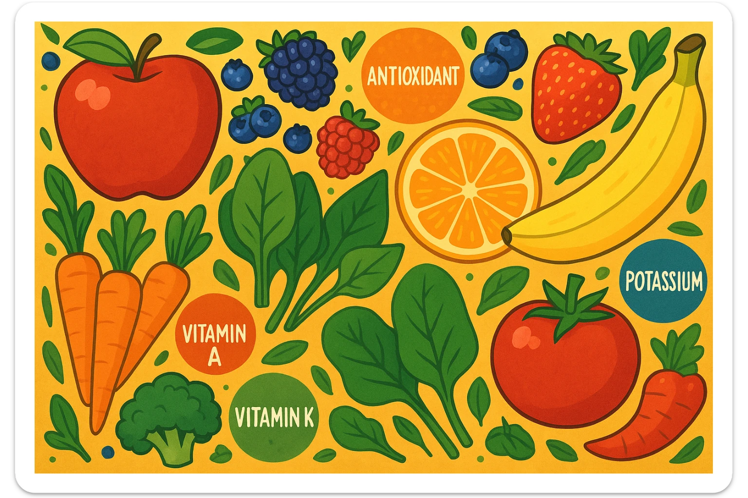 focus su frutta e verdura a tutto schermo e i micronutrienti contenuti in essa sticker