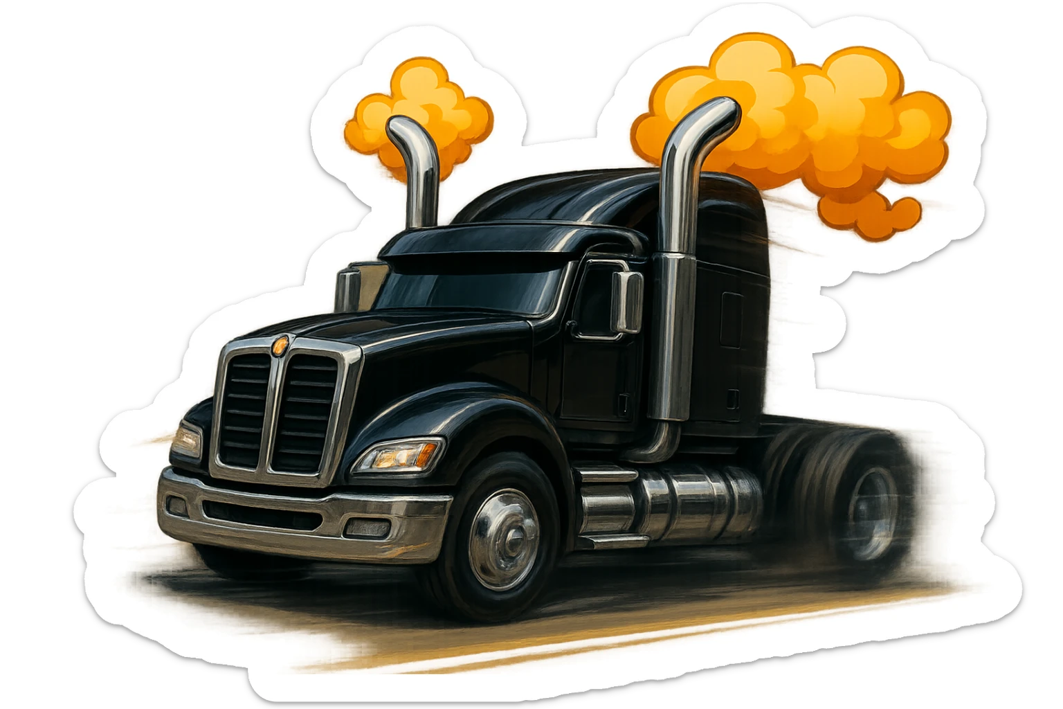 Show the black Kenworth W680 cartoon truck with bold chrome stacks and smoke, moving at high speed with dramatic motion blur, spinning wheels, and a sense of action. Fun proportions, transparent background. sticker