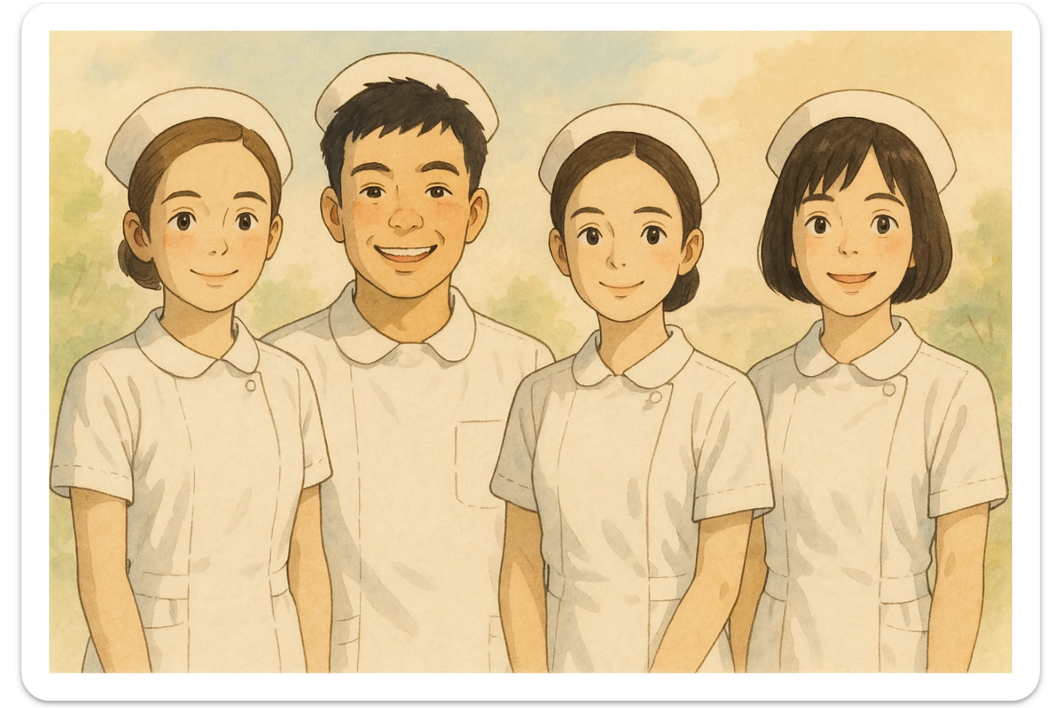 Four nursing students inspired by the faces of four photos, wearing complete white short-sleeve uniforms (visible arms), no stethoscope, lined up in a row, smiling, no touching, warm atmosphere, Ghibli style, soft background. sticker