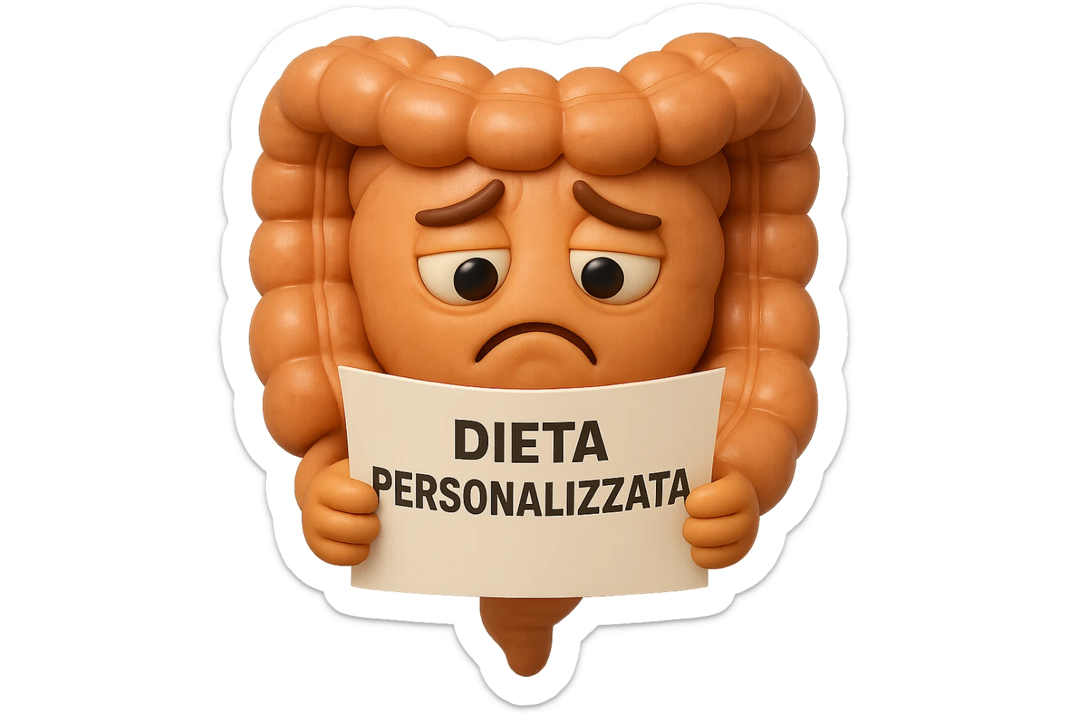 emoji stile iphone 3d di un intestino con mal di pancia che legge un foglio con la scritta "DIETA PERSONALIZZATA", ESPRESSIONE PENSIEROSA, iperrealistico 4k sticker