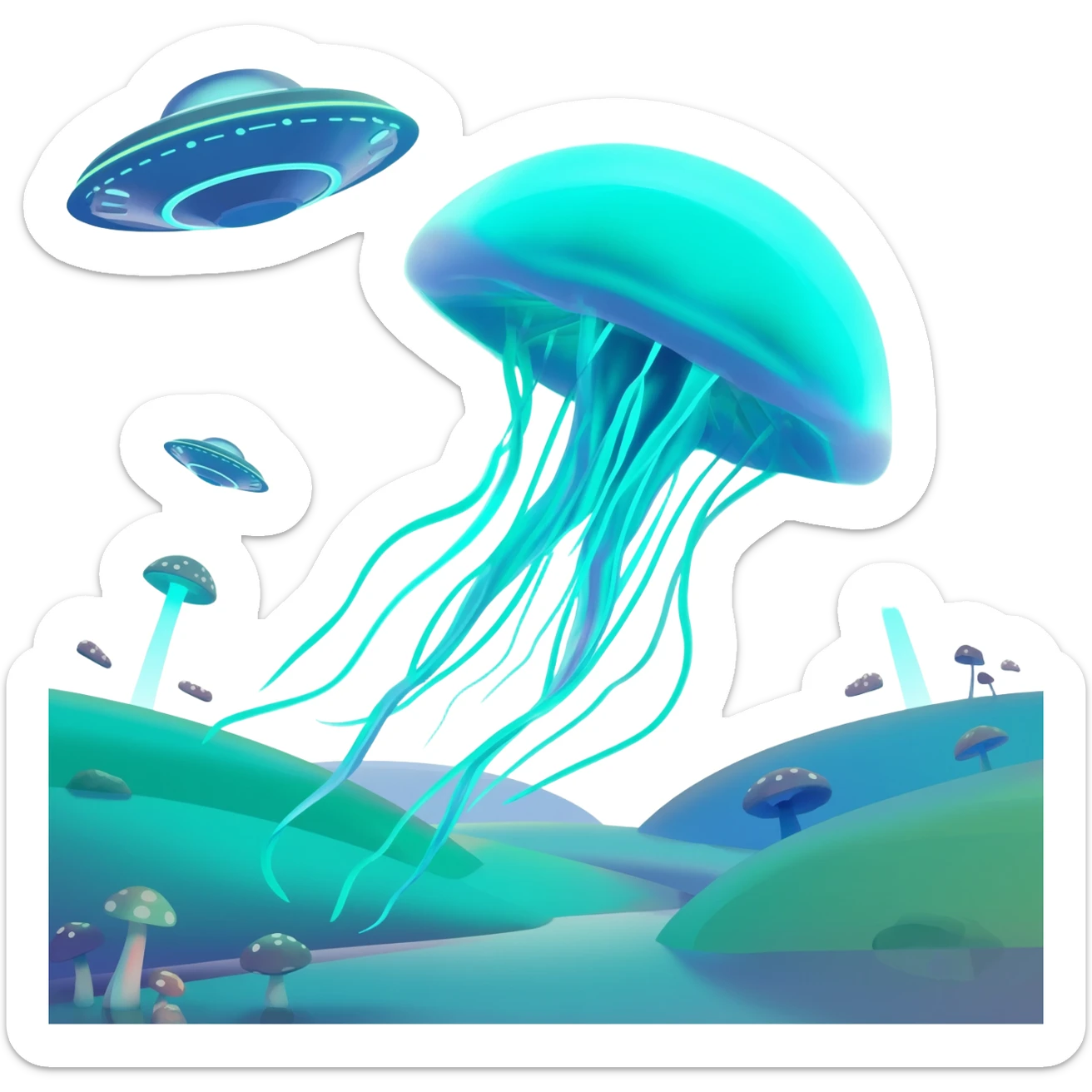extraterrestrial futuristic otherworldly cyan bioluminescent neon-glowing aesthetic scenery jellyfish flying saucers UFOs mushroom sticker