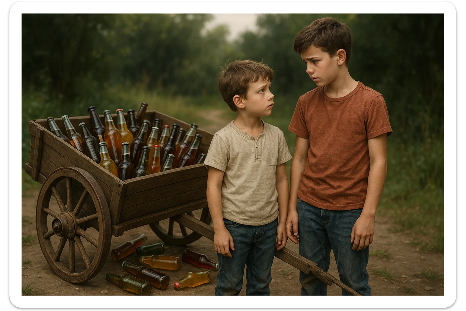 Bir g'ildiragi singan ichimliklar ortilgan arava uning yonida aka uka bir biriga havotirli nigoh bilan qarab turibdi realistik uslubda sticker