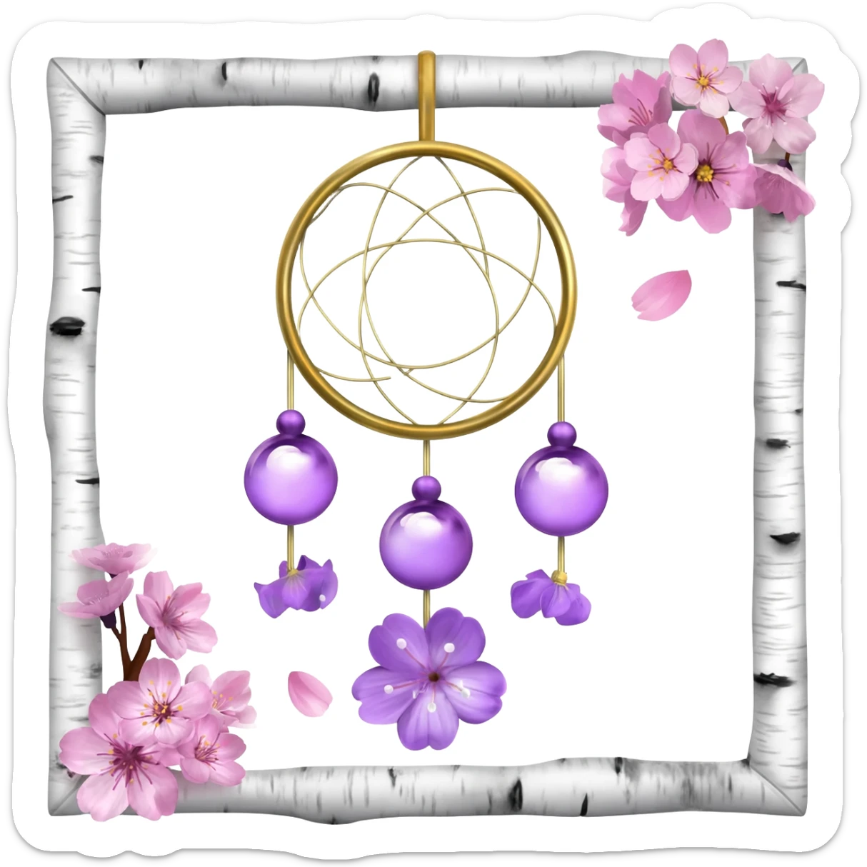 A white-birch-framed Dreamcatcher. with purple-round-orbs, gold-rings hanging down. purple flowers, pink sakura flowers, sticker