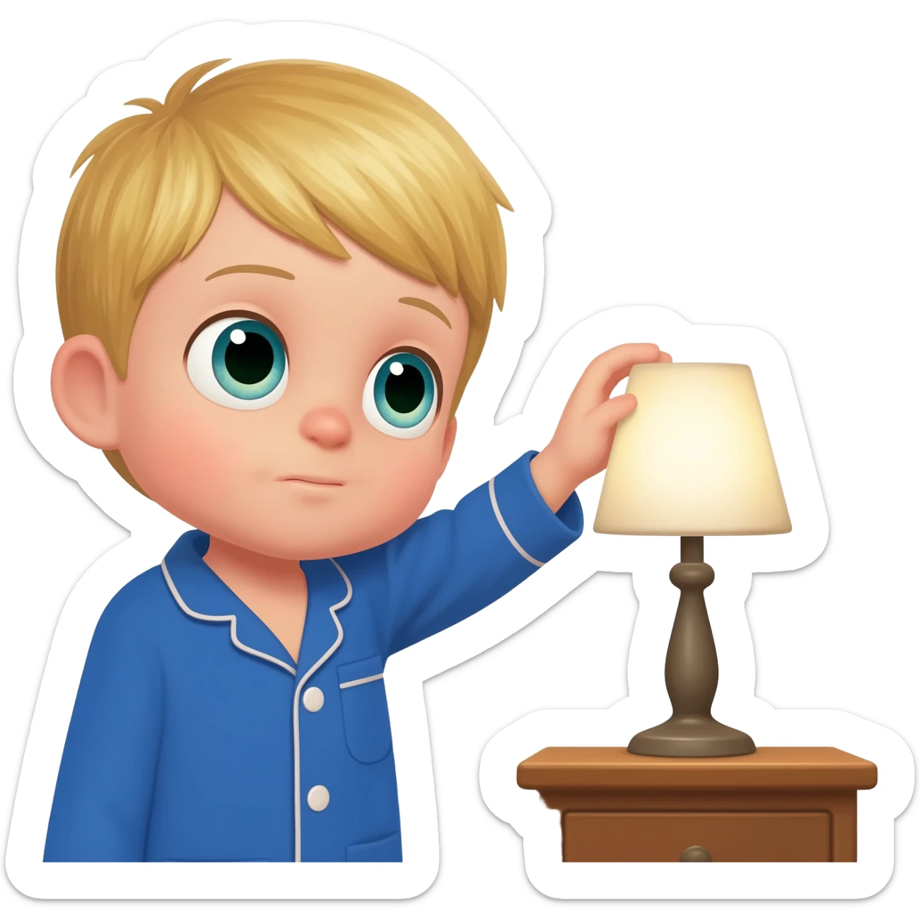 Create an emoji of the same blonde 3 year old as the first one you did. happy boy with blue-greenish eyes with blue pajamas on turning off the lights to go to sleep sticker