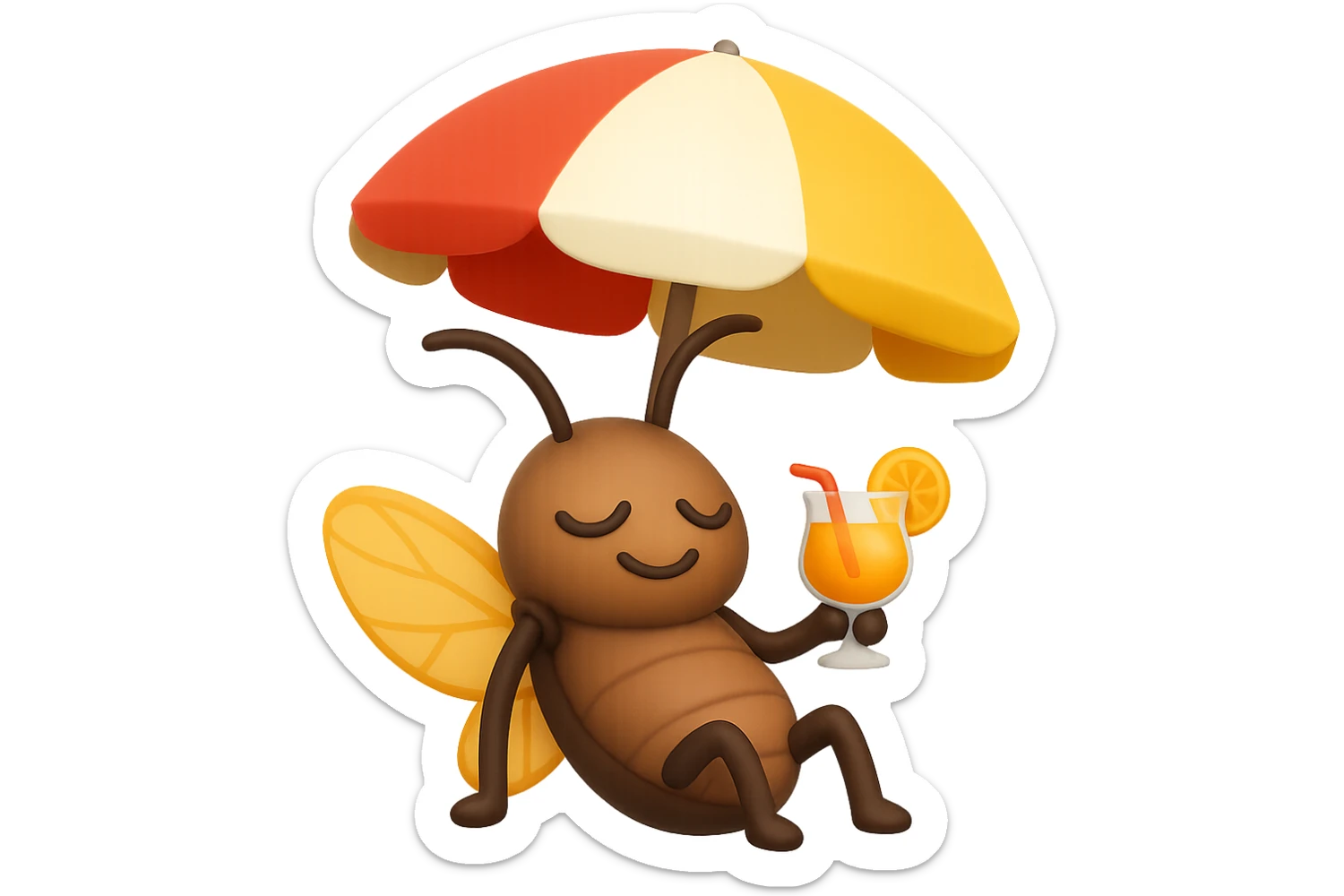 EMOJI STILE IPHONE 3D DI UNA CICALA CHE STA RILASSATA SEDUTA SOTTO L'OMBRELLONE CON UN COCKTAIL IN MANO sticker