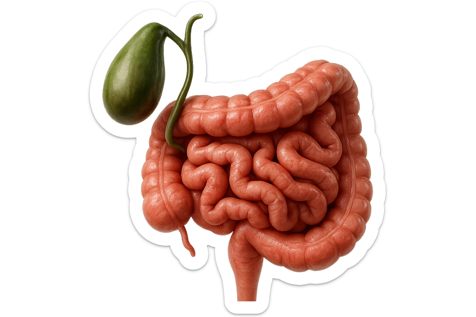 CISTIFELLEA E INTESTINO SONO COLLEGATI NEL DOLORE, SENZA SCRITTE E L'INTESTINO FALLO PERFETTO E REALISTICO, NON DISEGNATO iperrealistico 4k sticker