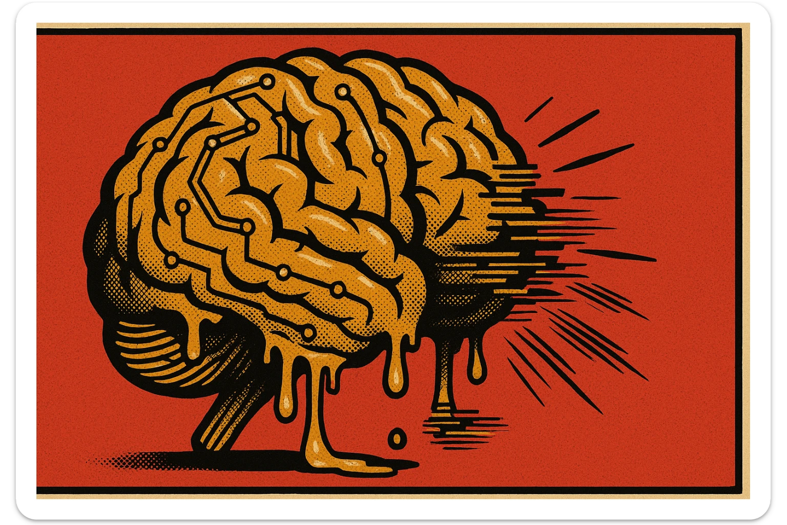 brain made of gold wires and circuits, partially melting and glitching, symbolizing sabotage, old school comic book style, 16:9 aspect ratio sticker