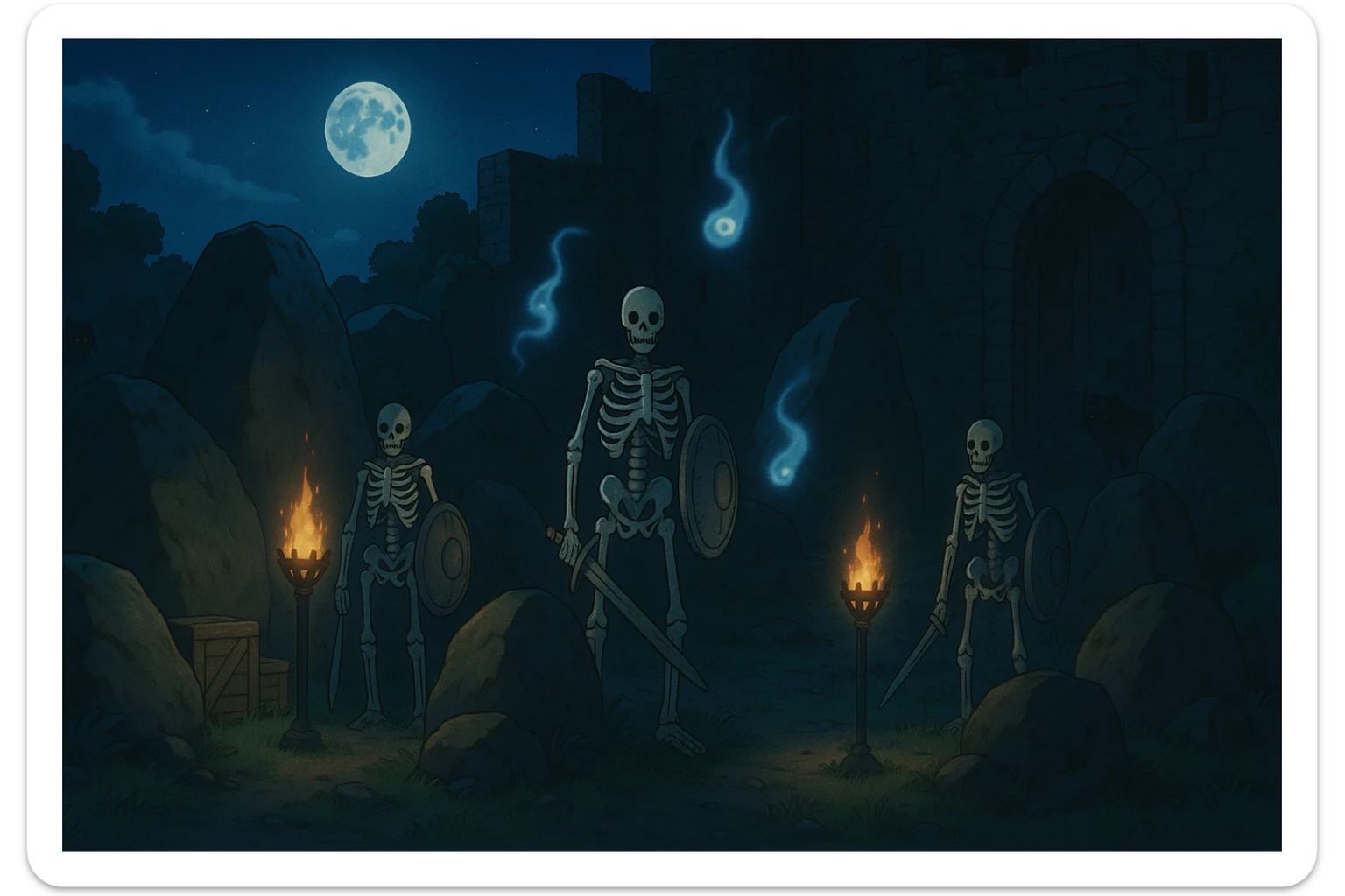 midnight within the ruins of abandoned castle yard, protrude boulders, amid iron torches and crates tucked behind, skeleton warriors, wisps, and wolves linger just in the edge of view behind scenery sticker