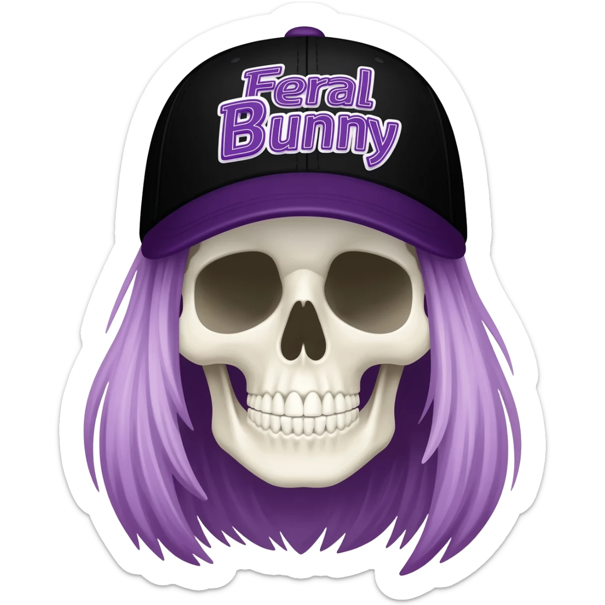 Create a skeleton head wearing a black baseball cap that says "Feral Bunny" in purple, and white lettering, with long purple blonde hair sticker