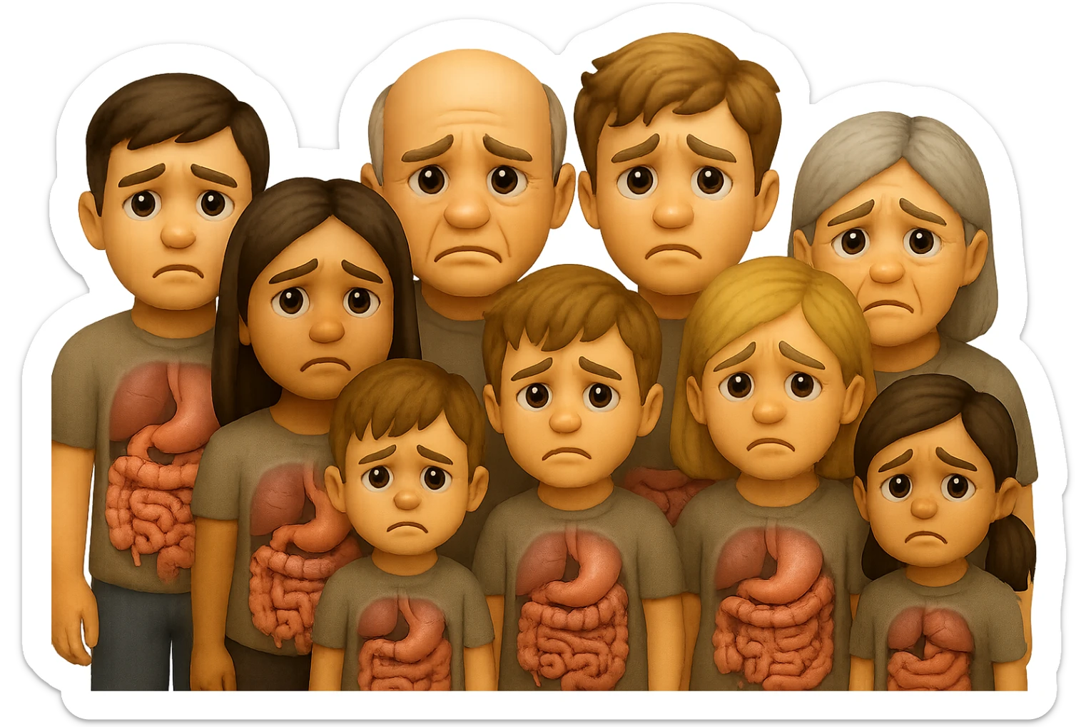 emoji stile iphone di un popolazione di persone con intestino ed espressione triste, iperrealistico 4k, isolato su sfondo bianco sticker