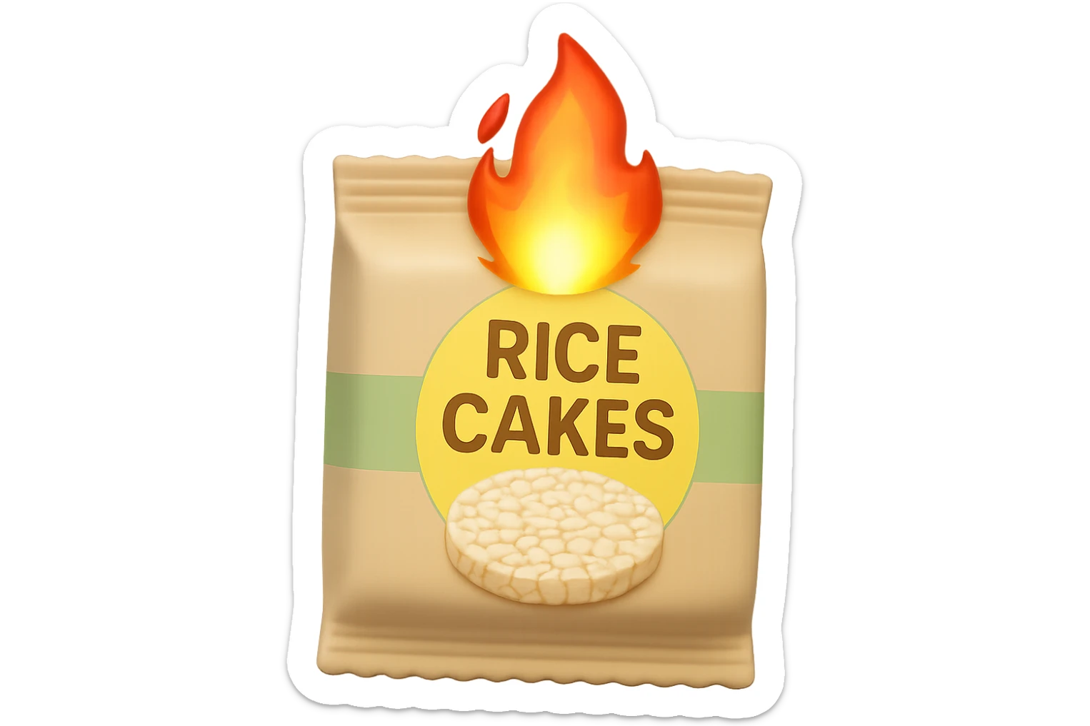 emoji stile iphone di un pacco di gallette di riso con fiamma 3d sopra sticker