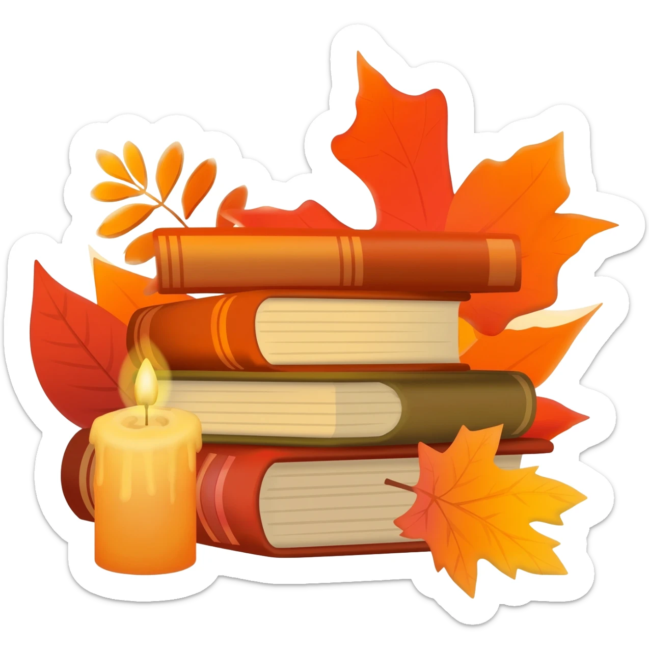 Red-orange-yellow-brown-gradients autumn aesthetic, stack of books, candle, leaves sticker