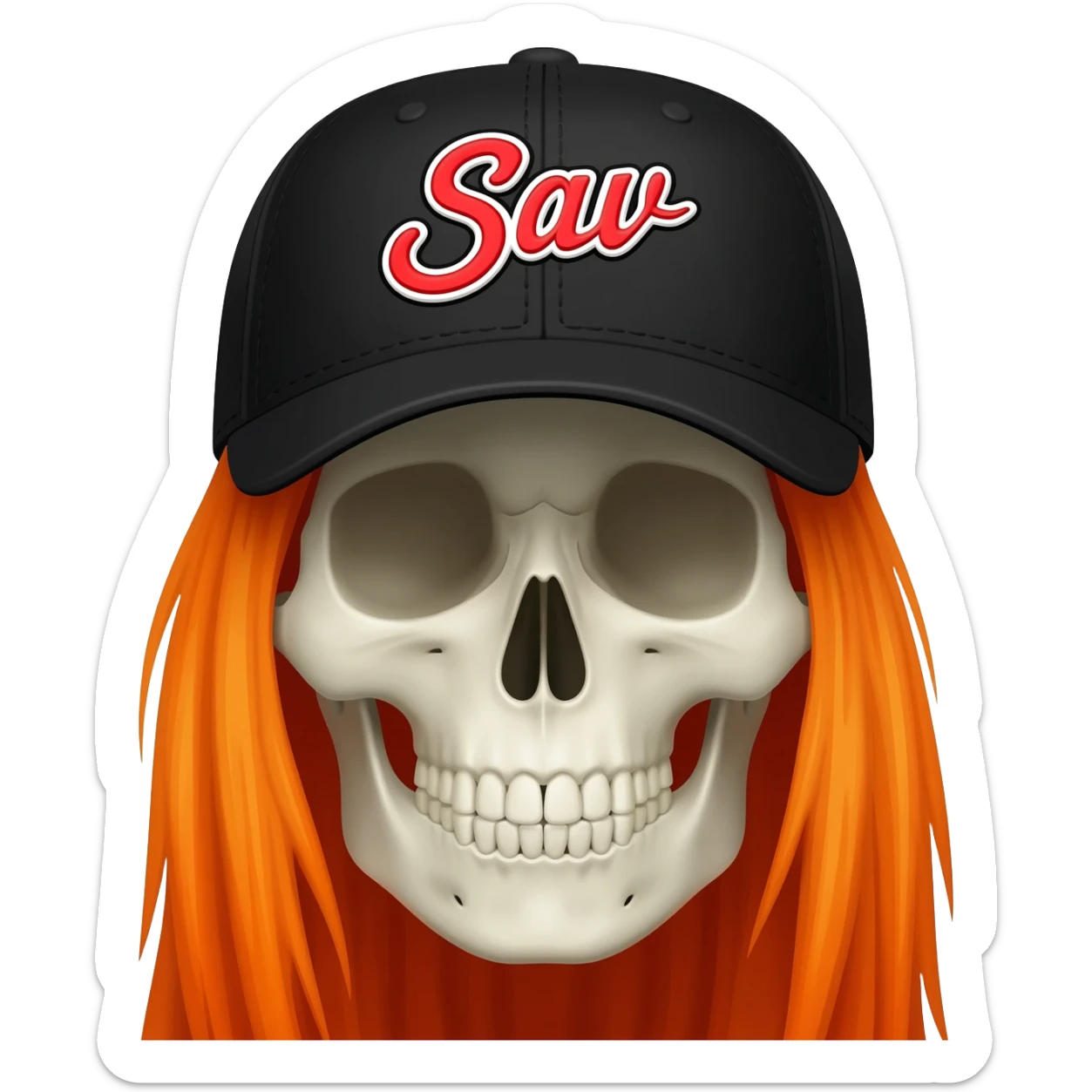 Create a skeleton head wearing a black baseball cap that says " Sav " in red, and white lettering, with long orange hair sticker