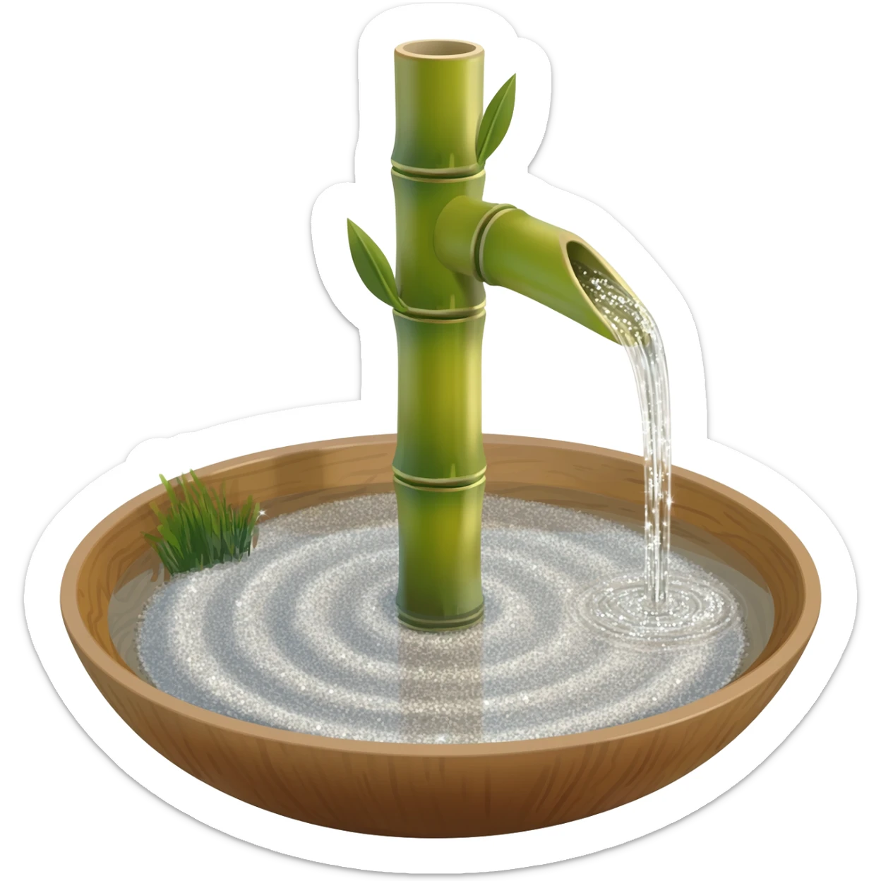 Shiny sparkly glittery beautiful elegant pretty precious divine Japanese zen garden vintage old bamboo fountain with a beautiful wooden bowl underneath aesthetic scenery  sticker